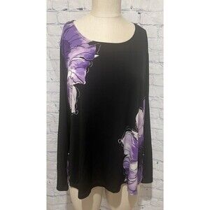 Susan Graver Long Sleeve Scoop Neck Top in Black & purple Floral - Size Large